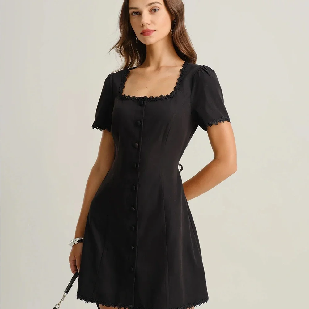 Black Square Neck Button Mini Dress - Picture 2 of 6